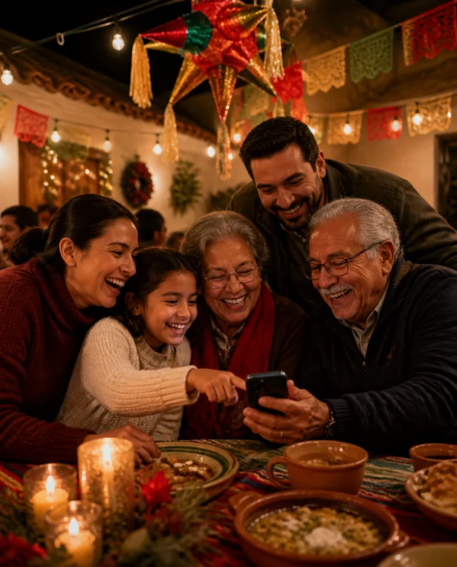 Familia riendo en una posada mirando un celular